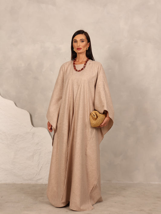 LINEN KAFTAN & INNER DRESS SET - BEIGE