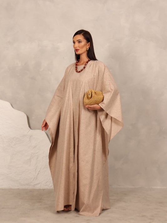 LINEN KAFTAN & INNER DRESS SET - BEIGE