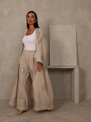 EMBROIDERED ABAYA & PANTS SET - SILVER