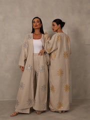 EMBROIDERED ABAYA & PANTS SET - SILVER