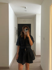 BYSARAD | DENIM PLEATED SKIRT & OVERSIZED SHIRT SET - BLACK