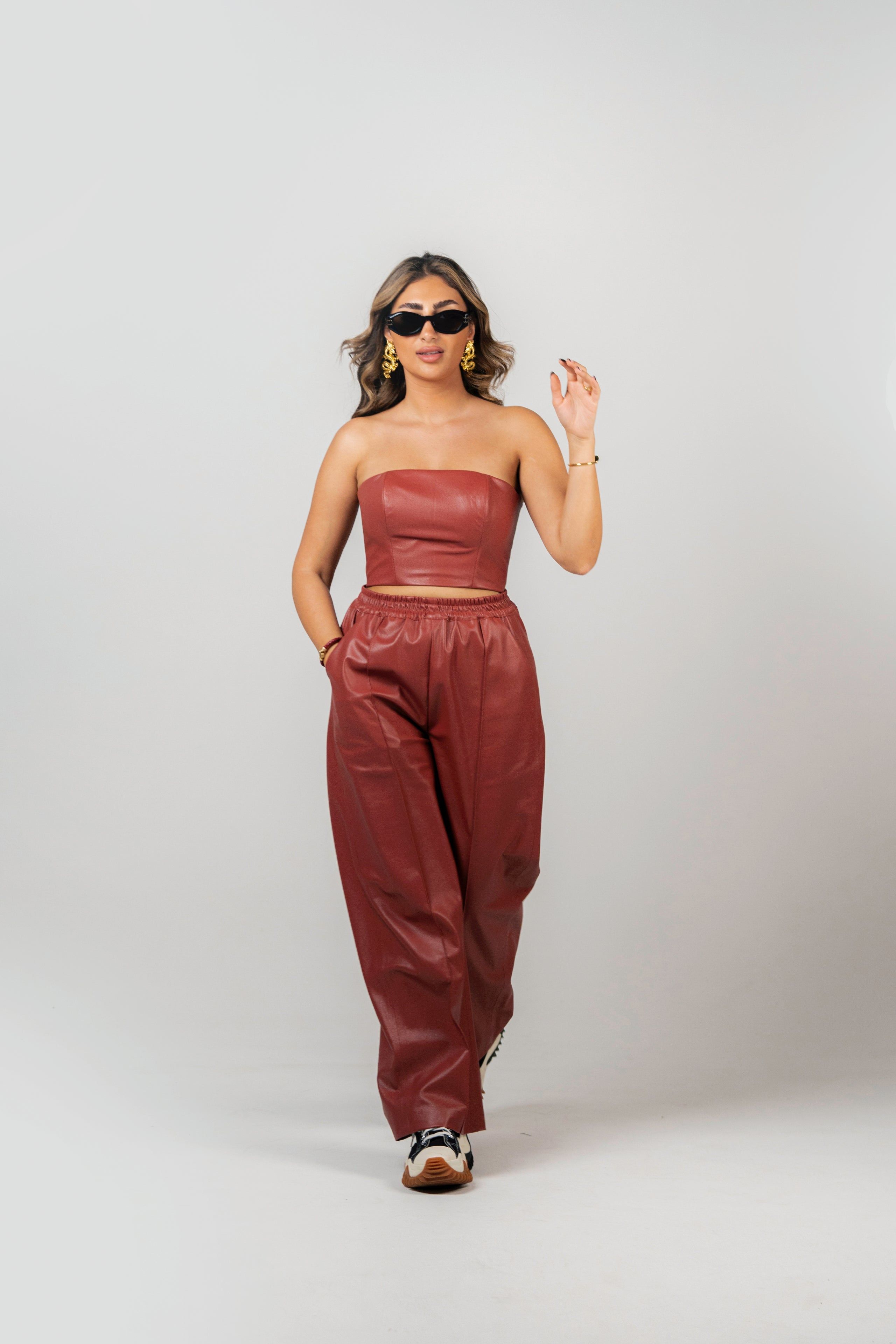 BYSARAD | FAUX LEATHER PANTS & CORSET SET - RED