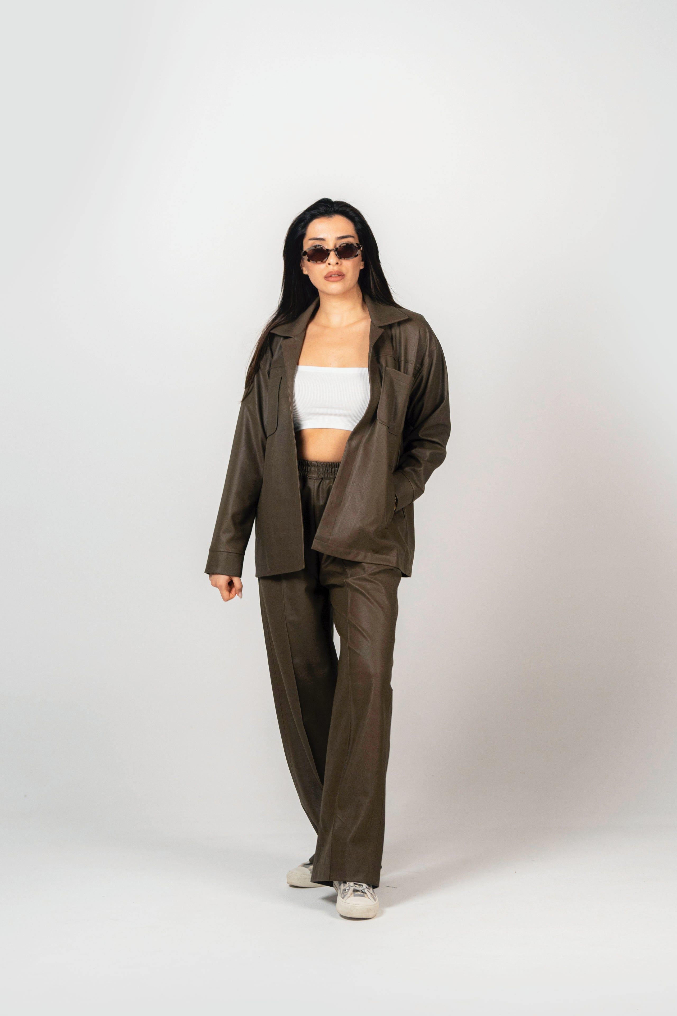 BYSARAD | FAUX LEATHER SUIT - BROWN