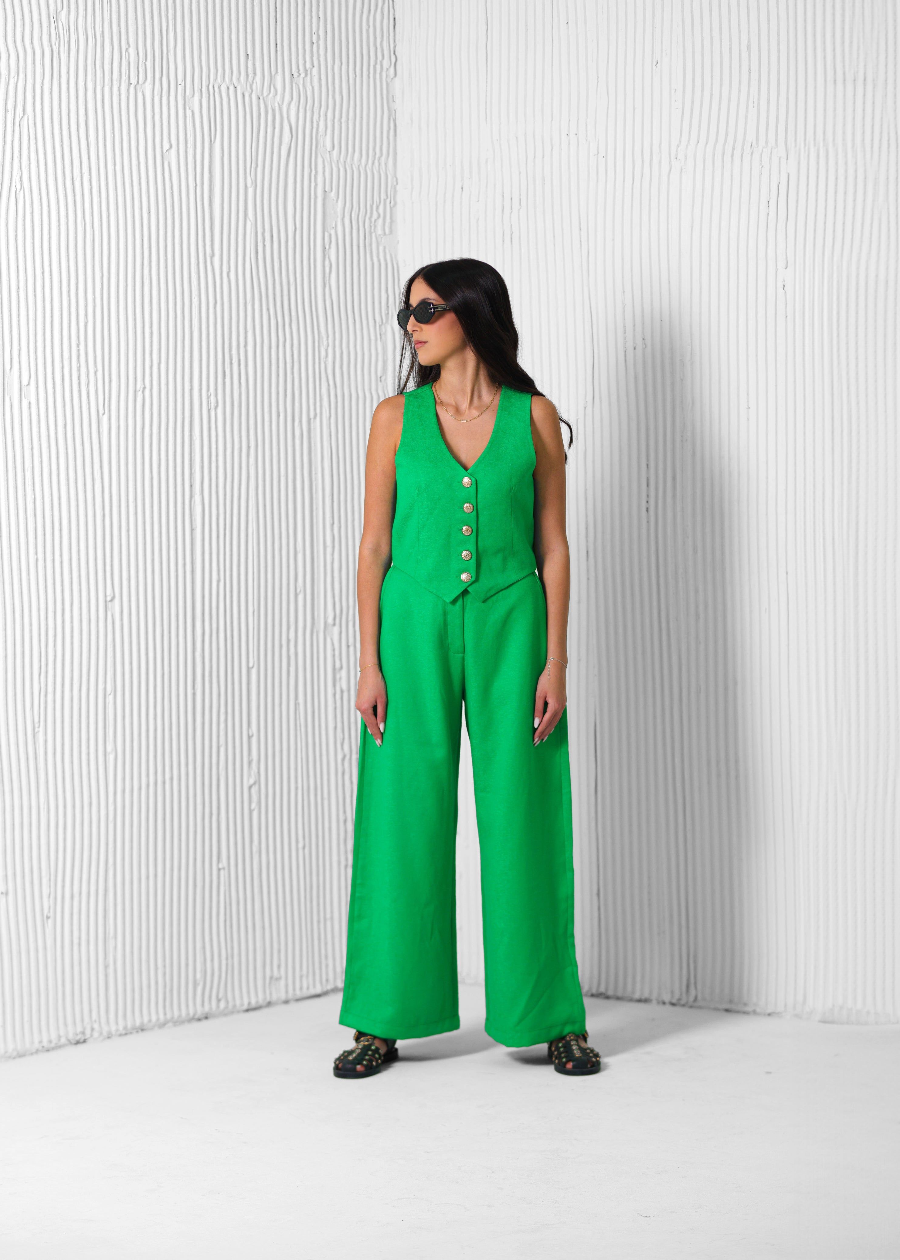BYSARAD | LINEN PANTS & WAISTCOAT CO-ORD - EMERALD GREEN