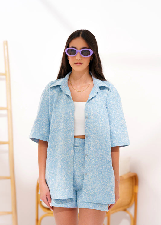 BYSARAD | LINEN SHORTS & SHIRT CO-ORD - BLUE