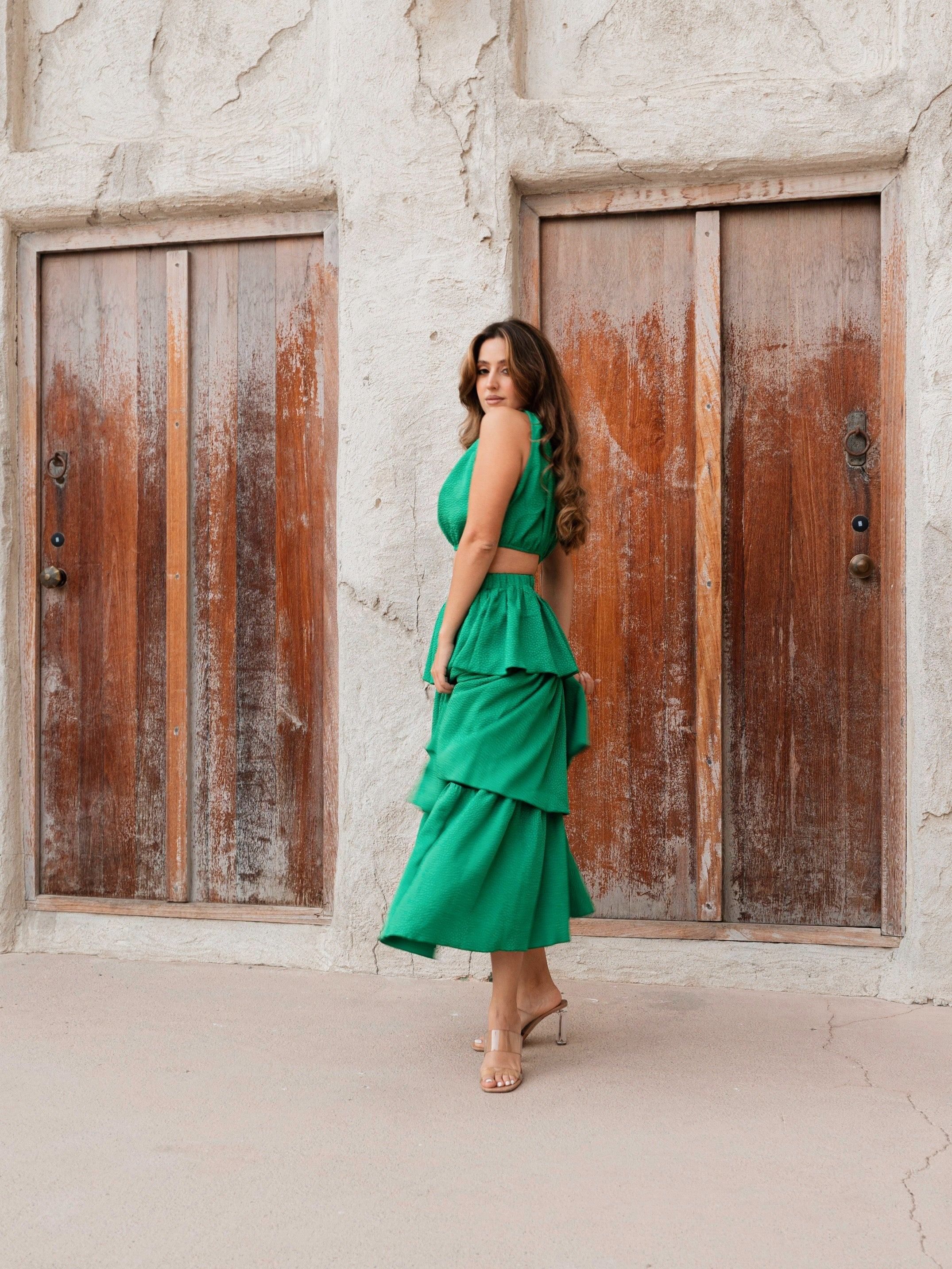 BYSARAD | RUFFLES SKIRT & CROP TOP CO-ORD - GREEN