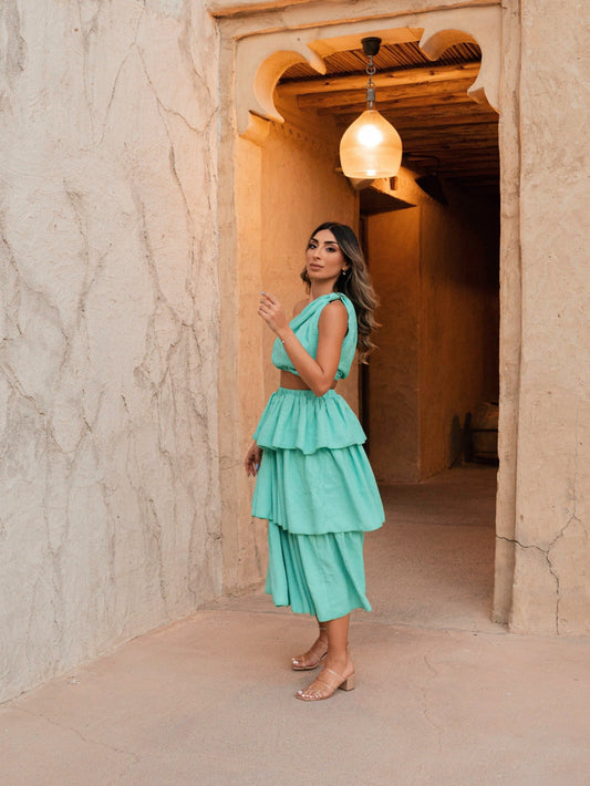 BYSARAD | RUFFLES SKIRT & CROP TOP CO-ORD - TURQUOISE