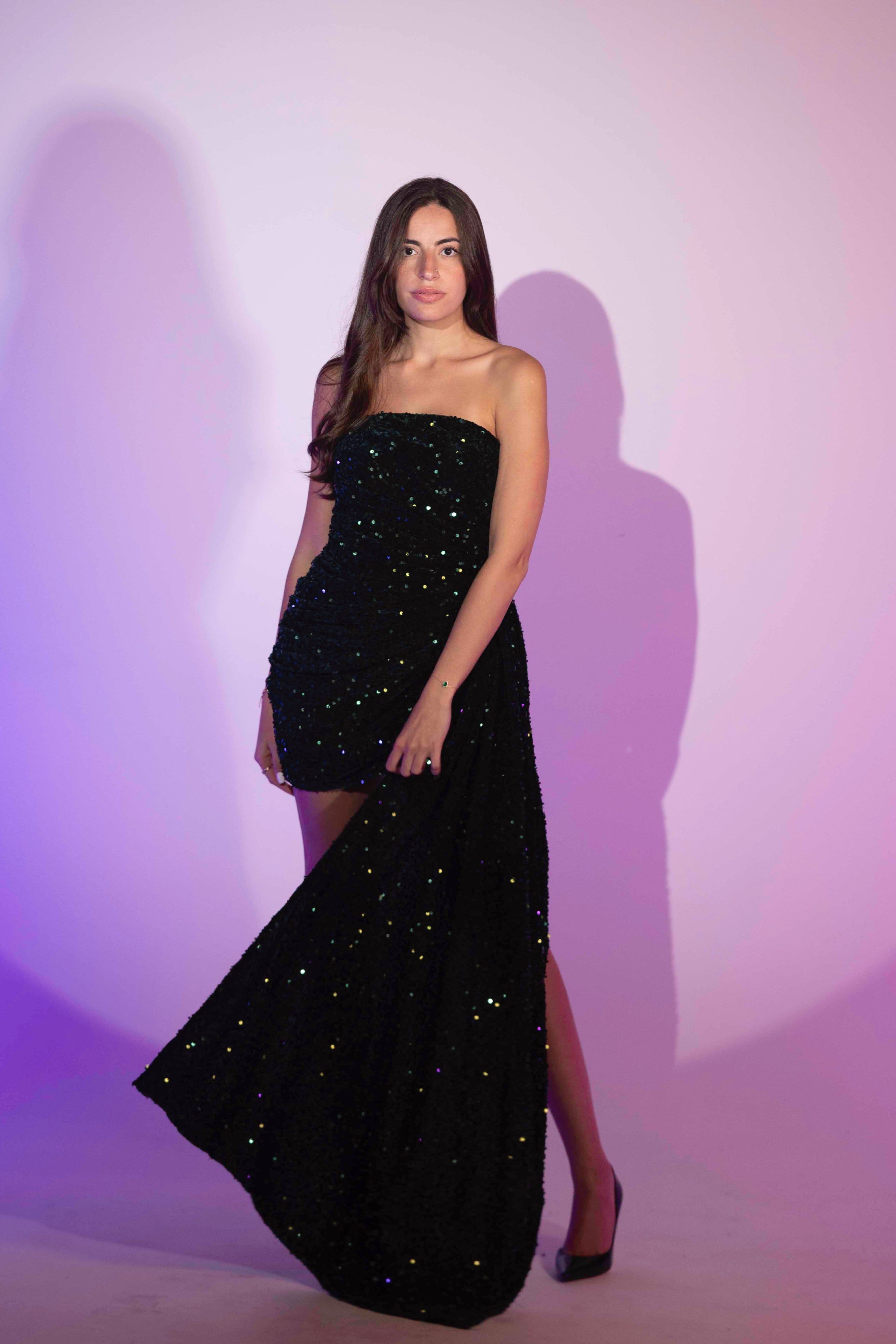 BYSARAD | VELVET SEQUIN MINI DRESS WITH DRAPE