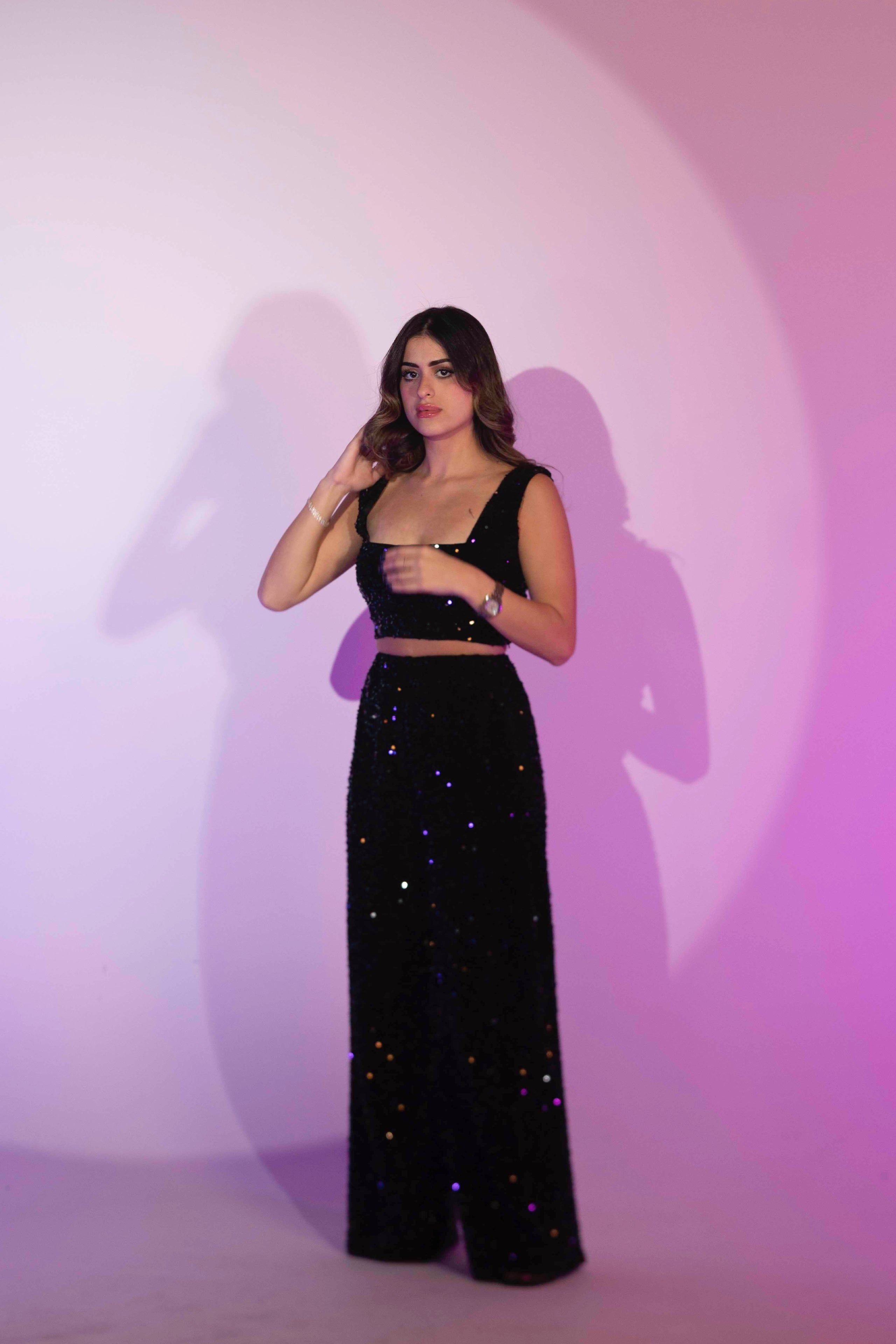 BYSARAD | VELVET SEQUIN PANTS & CROP TOP SET - BLACK