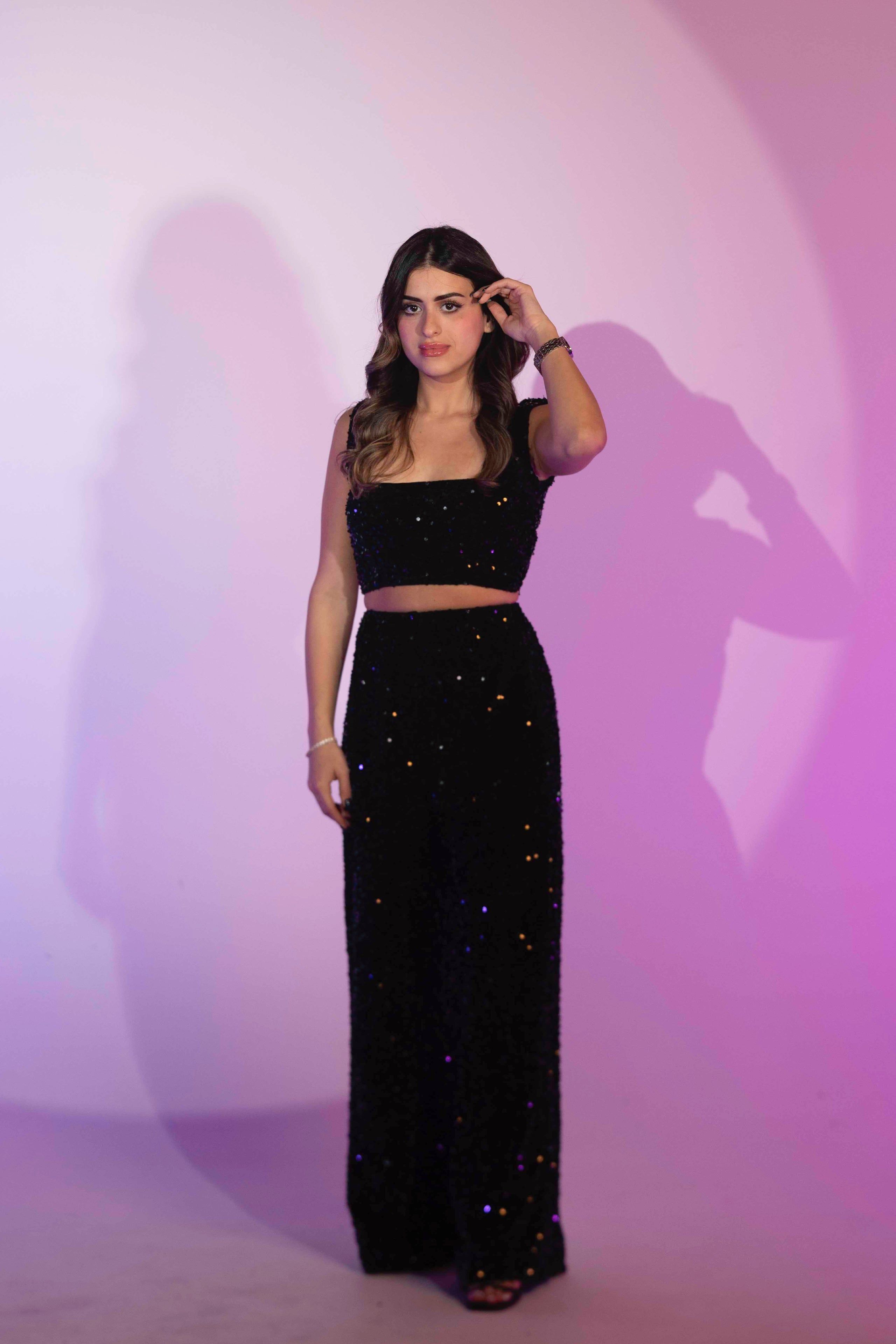 BYSARAD | VELVET SEQUIN PANTS & CROP TOP SET - BLACK