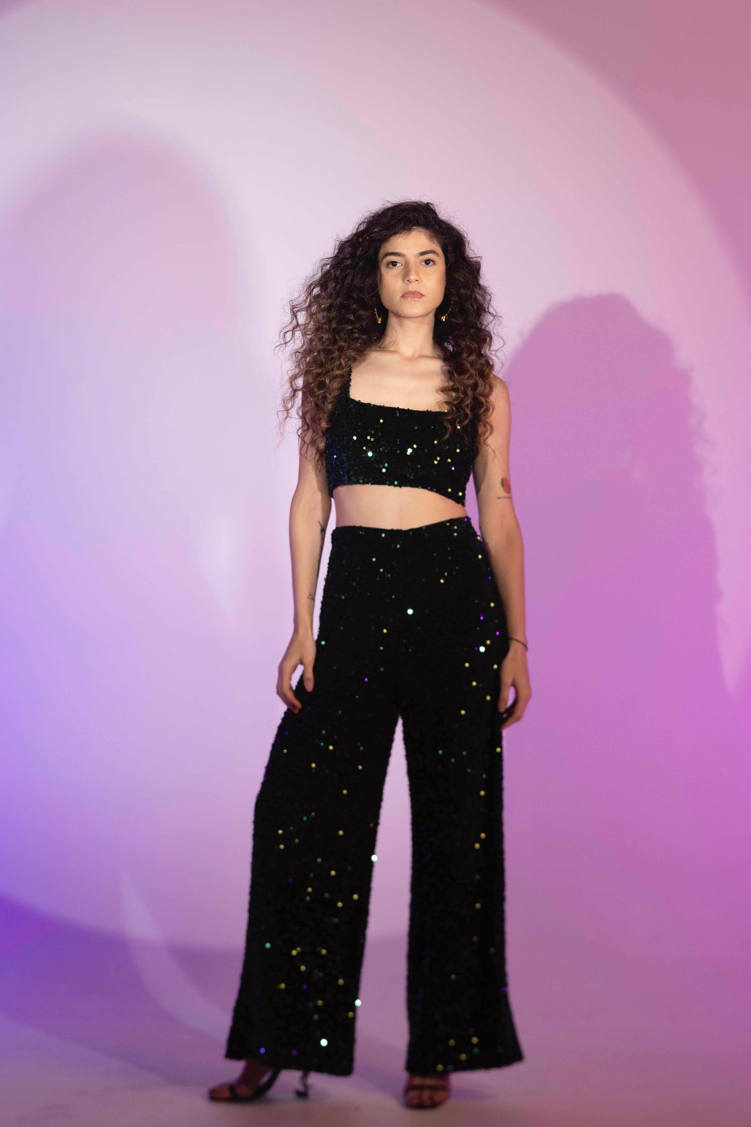 BYSARAD | VELVET SEQUIN PANTS & CROP TOP SET - DARK GREEN