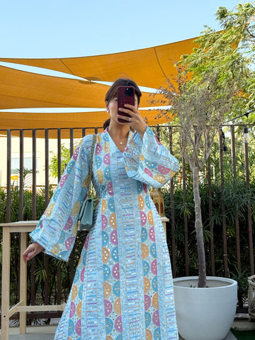 Embroidered Kaftan Dress - Light Blue