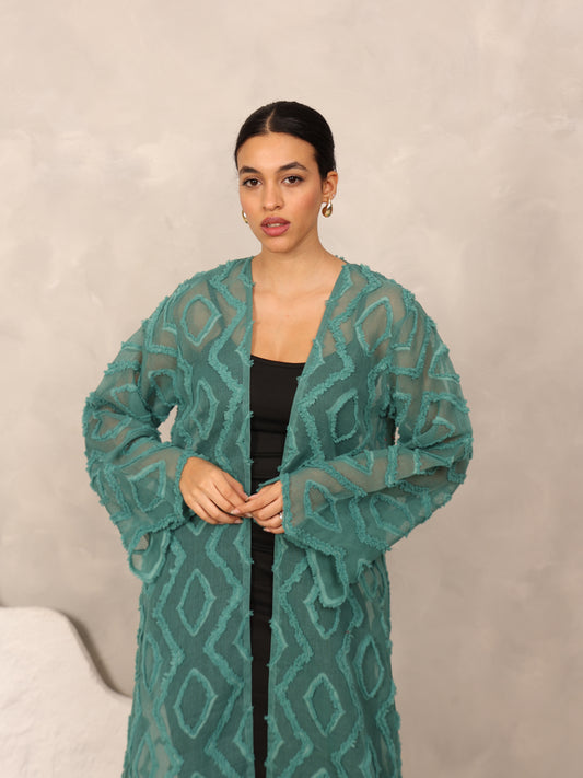 3D EMBROIDERED ABAYA - TEAL GREEN