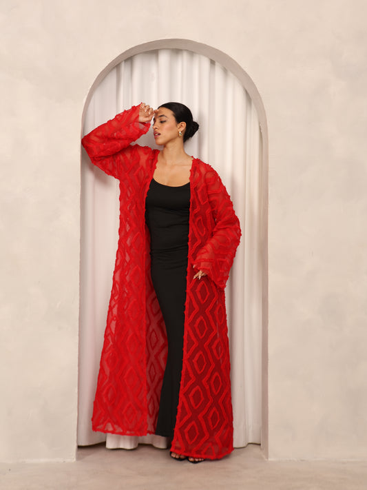 3D EMBROIDERED ABAYA - RED