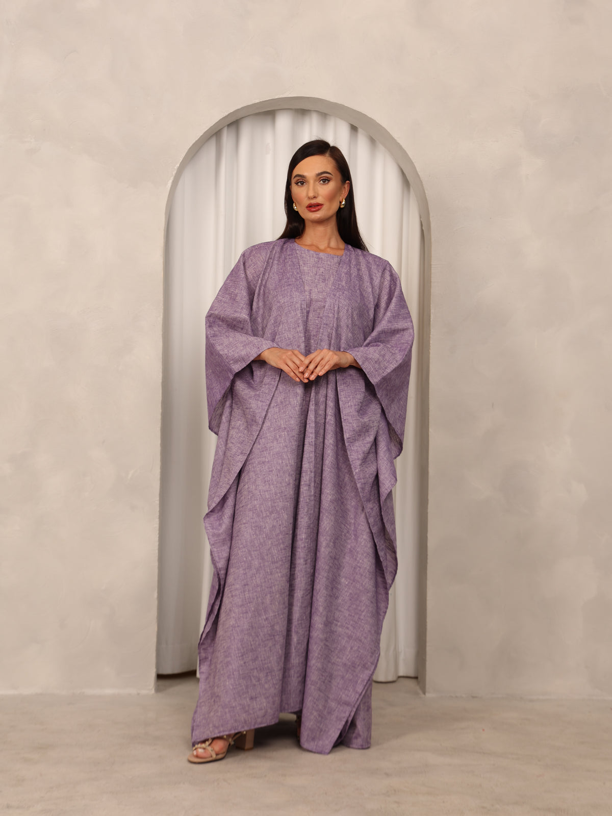 LINEN KAFTAN & INNER DRESS SET - PURPLE