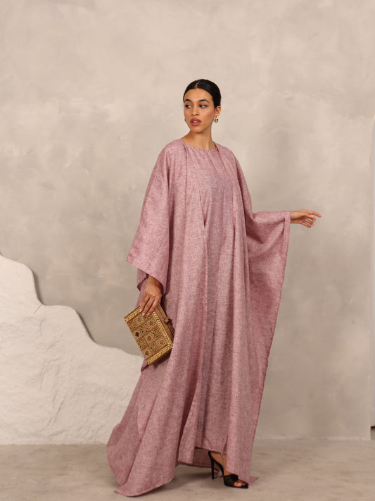 LINEN KAFTAN & INNER DRESS SET - BURGUNDY