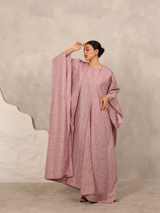 LINEN KAFTAN & INNER DRESS SET - BURGUNDY