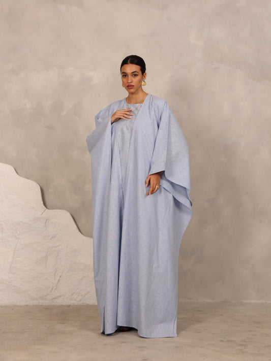 LINEN KAFTAN & INNER DRESS SET - LIGHT BLUE