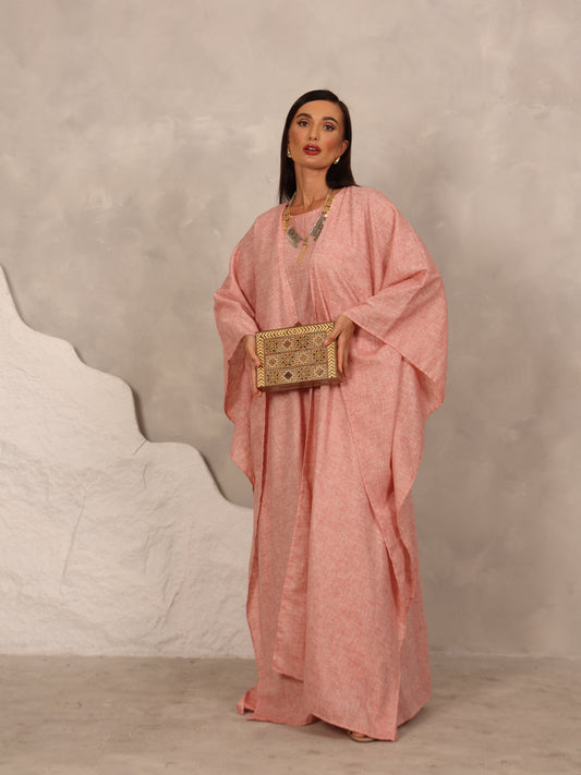 LINEN KAFTAN & INNER DRESS SET - CORAL PEACH