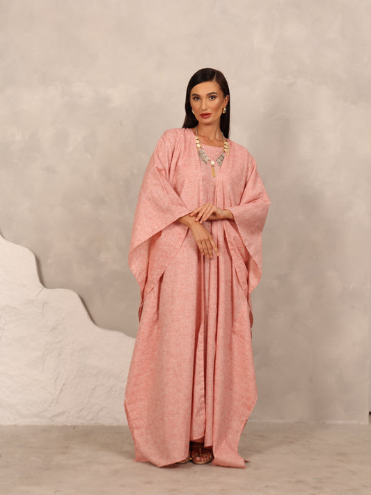 LINEN KAFTAN & INNER DRESS SET - CORAL PEACH