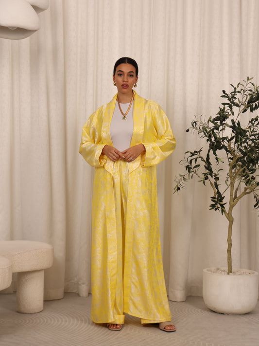 SILK LONG ABAYA & PANTS SET - METALLIC YELLOW