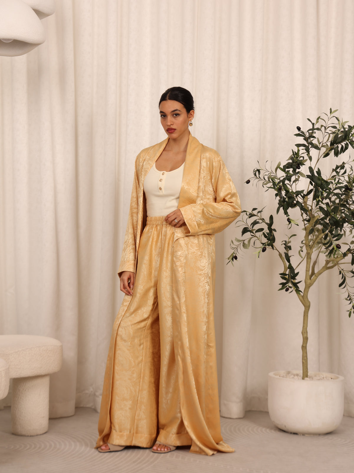 SILK LONG CARDIGAN SET - GOLD