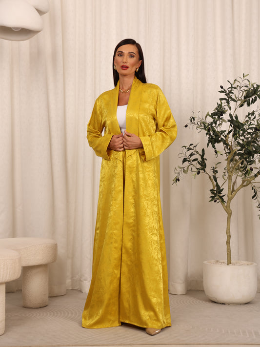 SILK LONG ABAYA & PANTS SET - MUSTARD YELLOW