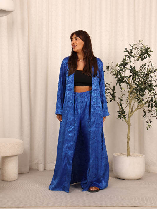 SILK LONG CARDIGAN SET - BLUE