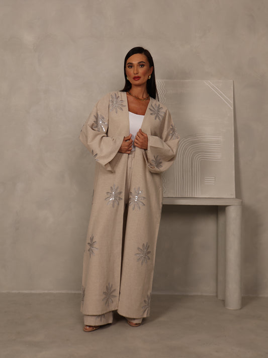 EMBROIDERED ABAYA & PANTS SET - SILVER