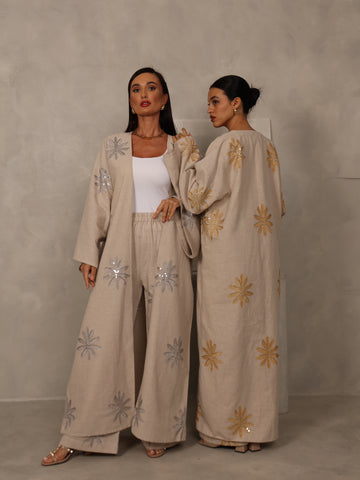 EMBROIDERED ABAYA & PANTS SET - SILVER