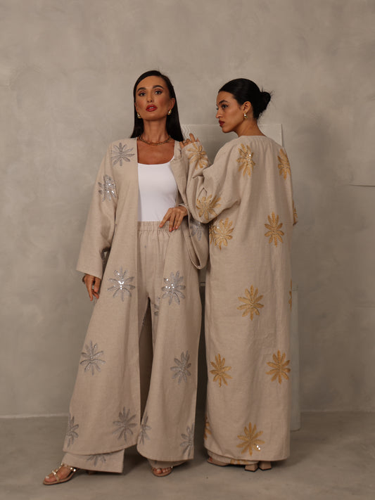 EMBROIDERED ABAYA & PANTS SET - SILVER