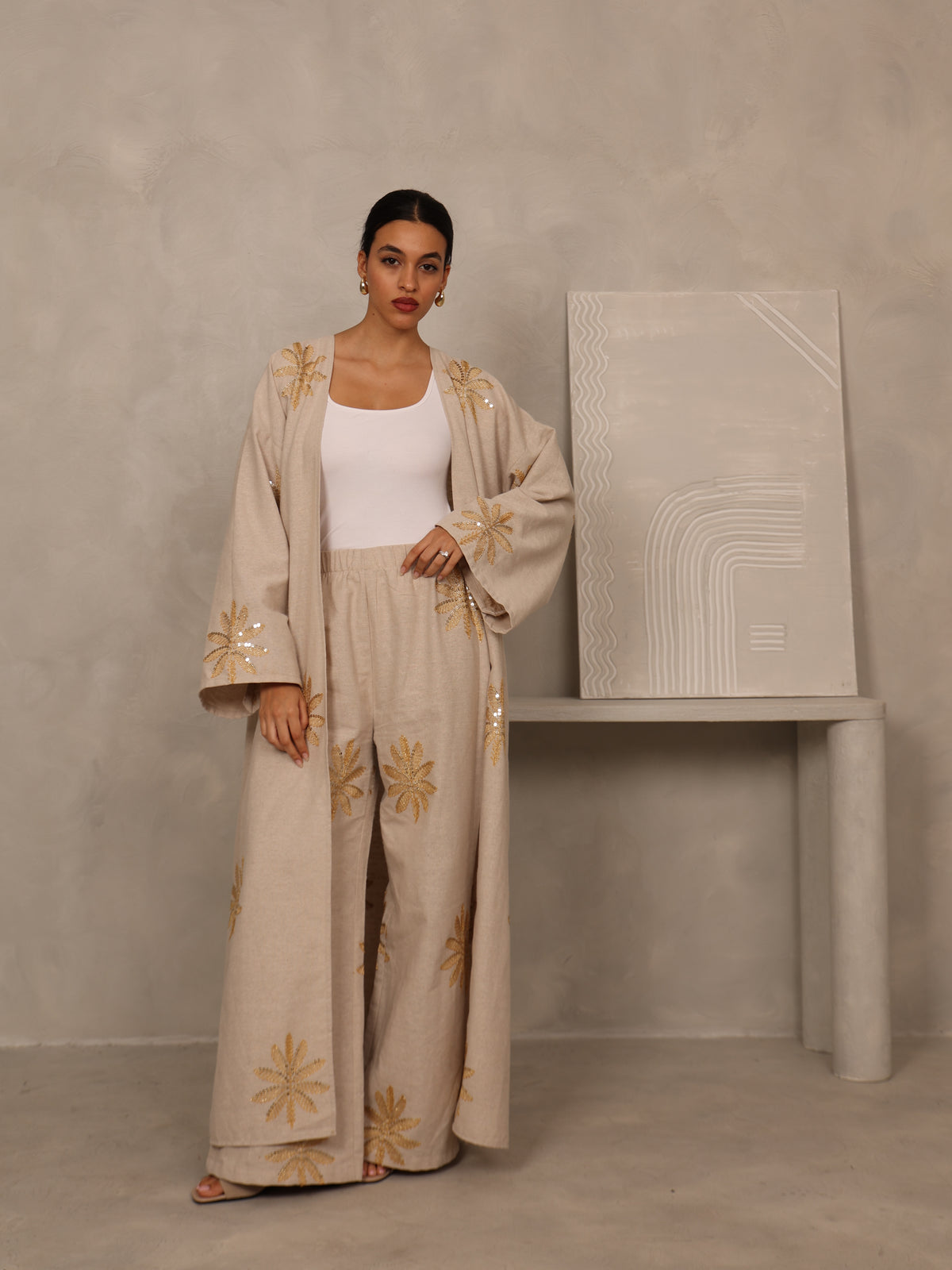 EMBROIDERED ABAYA & PANTS SET - GOLD