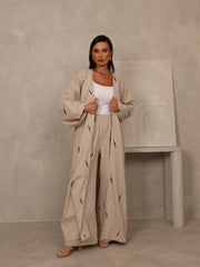 EMBROIDERED ABAYA & PANTS SET - SILVER