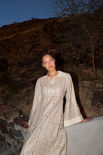 Embroidered Kaftan Dress - Beige