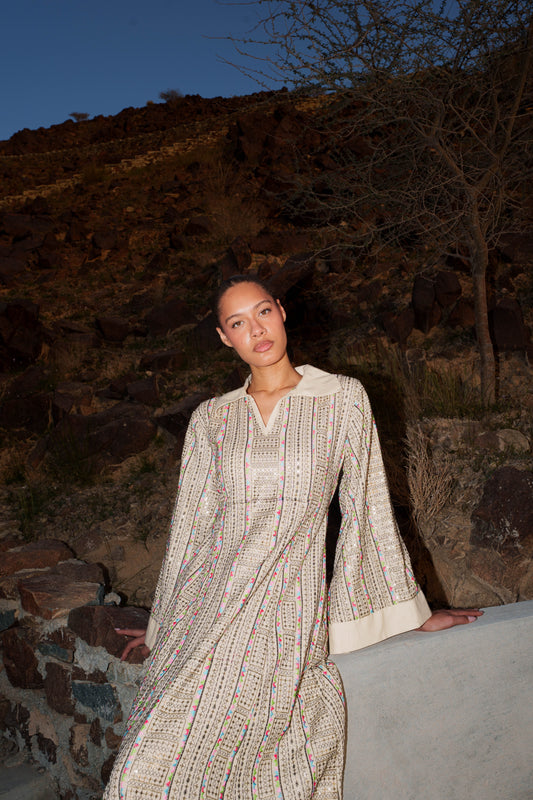 Embroidered Kaftan Dress - Beige