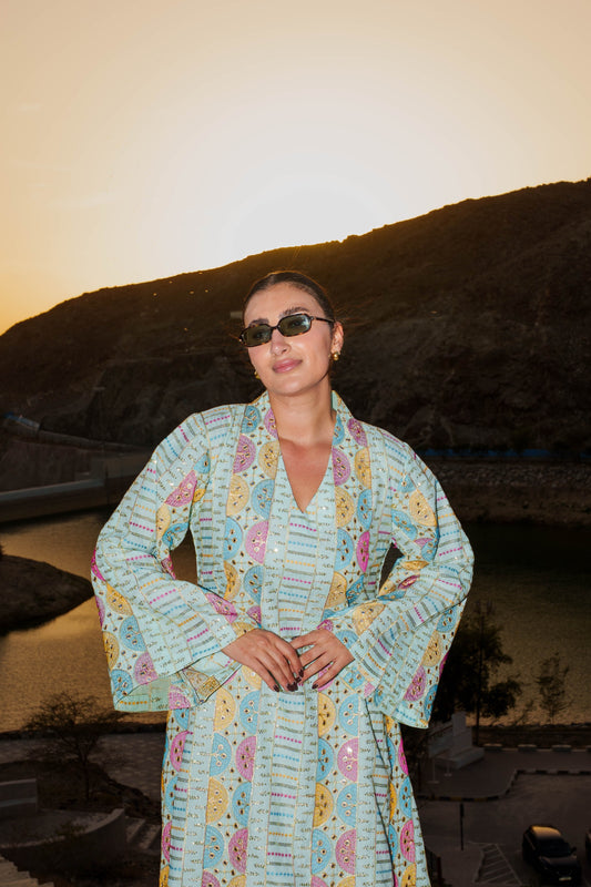 Embroidered Kaftan Dress - Light Turquoise