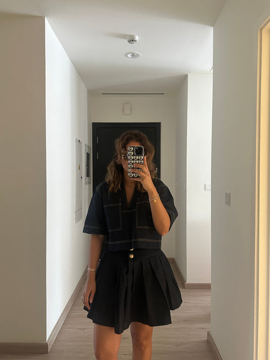 BYSARAD | DENIM PLEATED SKIRT & OVERSIZED SHIRT SET - BLACK