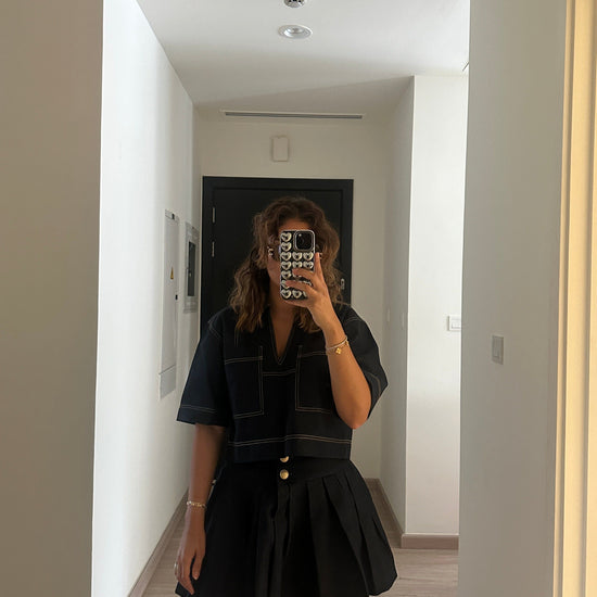 BYSARAD | DENIM PLEATED SKIRT & OVERSIZED SHIRT SET - BLACK