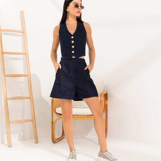 BYSARAD | DENIM SHORTS & WAISTCOAT CO-ORD - BLUE