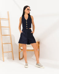 BYSARAD | DENIM SHORTS & WAISTCOAT CO-ORD - BLUE