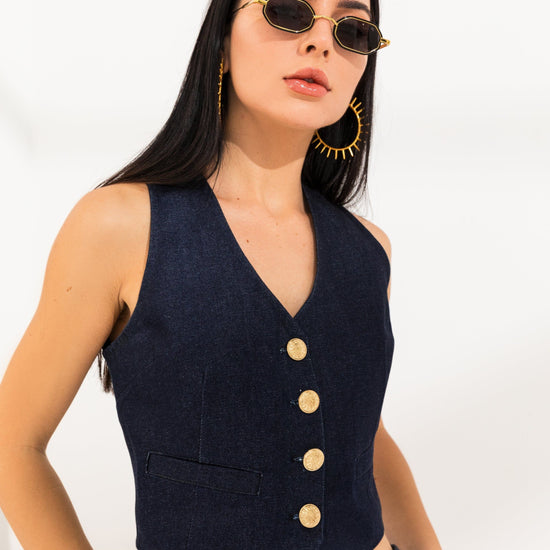 BYSARAD | DENIM SHORTS & WAISTCOAT CO-ORD - BLUE