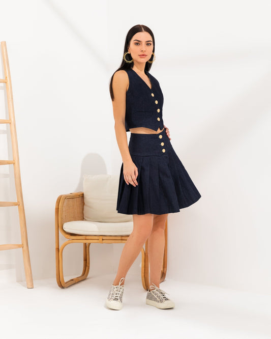 BYSARAD | DENIM SKIRT & WAISTCOAT CO-ORD - BLUE