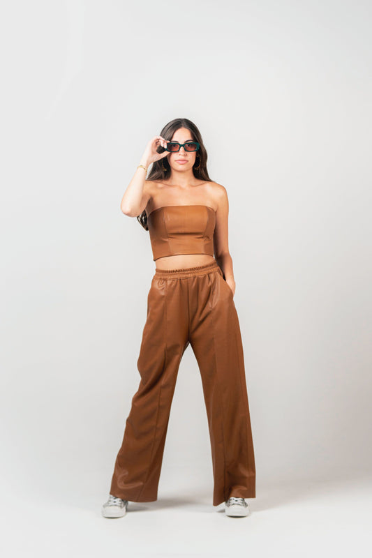 BYSARAD | FAUX LEATHER CORSET TOP - CAMEL