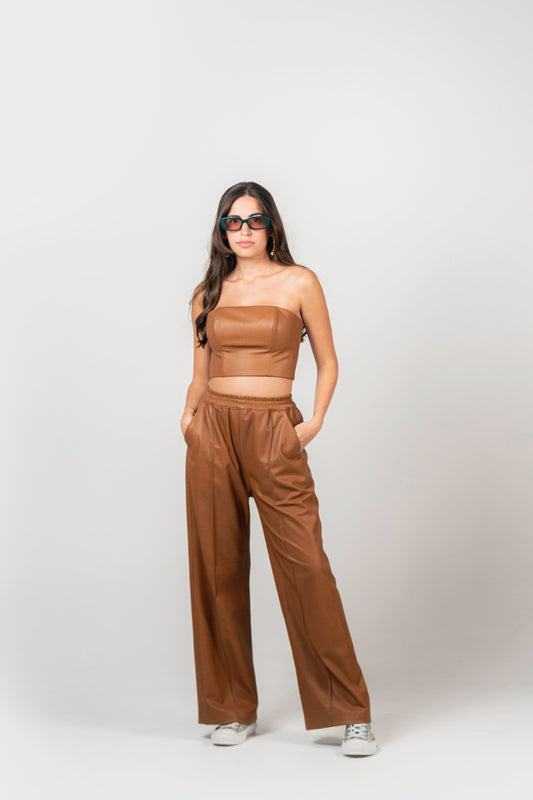 BYSARAD | FAUX LEATHER CORSET TOP - CAMEL