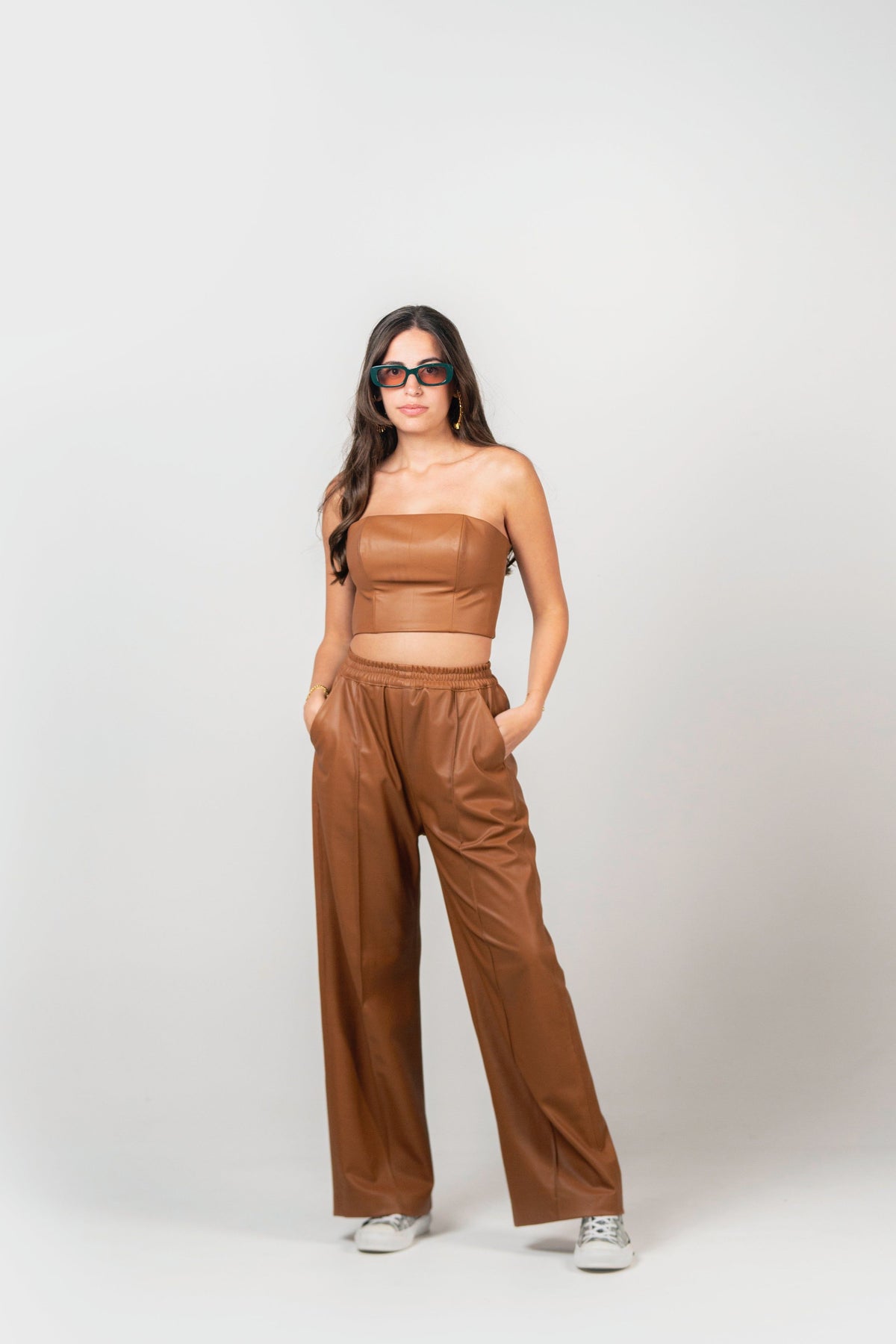 FAUX LEATHER PANTS CORSET SET CAMEL