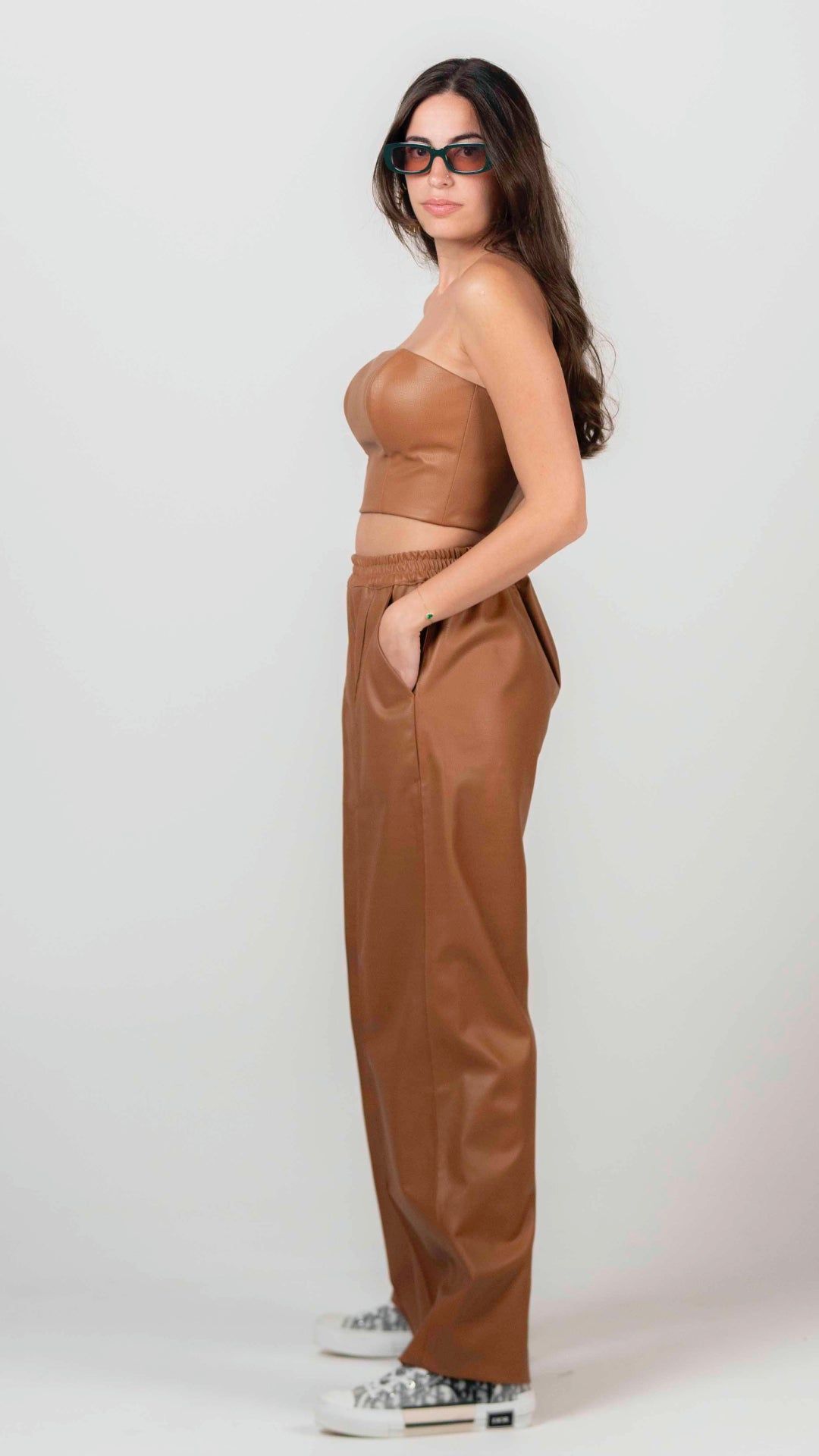 BYSARAD | FAUX LEATHER PANTS & CORSET SET - CAMEL