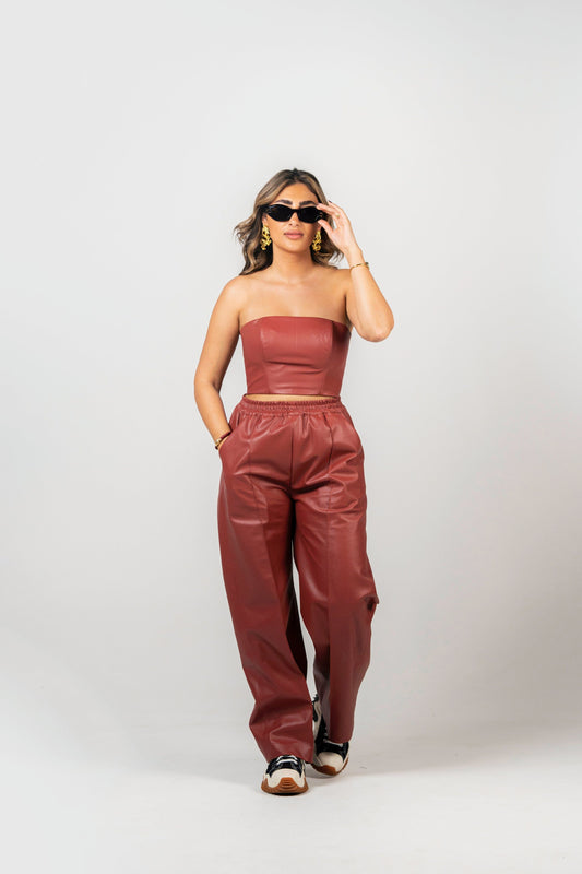 BYSARAD | FAUX LEATHER PANTS & CORSET SET - RED