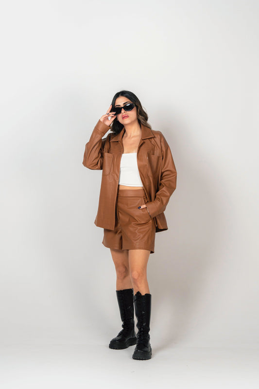 BYSARAD | FAUX LEATHER SHORTS SUIT - CAMEL BROWN