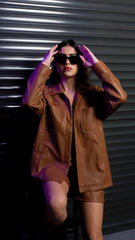 BYSARAD | FAUX LEATHER SHORTS SUIT - CAMEL BROWN