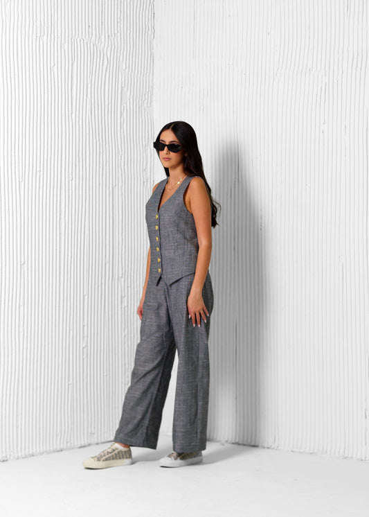 BYSARAD | LINEN PANTS & RELAXED WAISTCOAT CO-ORD - CHARCOAL